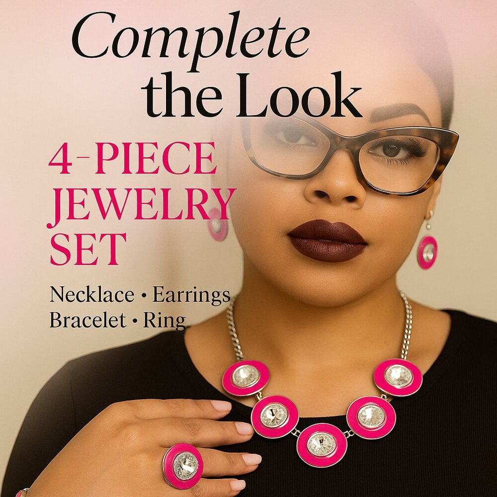 Hot Pink & Silver Rhinestone Jewelry Set – Necklace, Earrings, Bracelet & Ring (